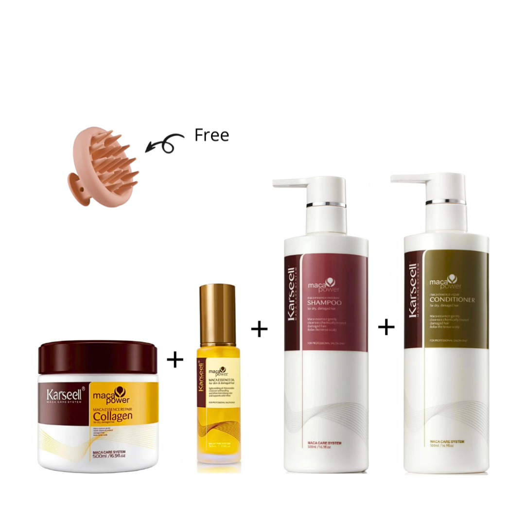 Karseel Pro Set: For Hydrated & Shiny Hair - Collagen Mask + Shampoo + Conditioner + Hair Oil + Free Scalp Massager