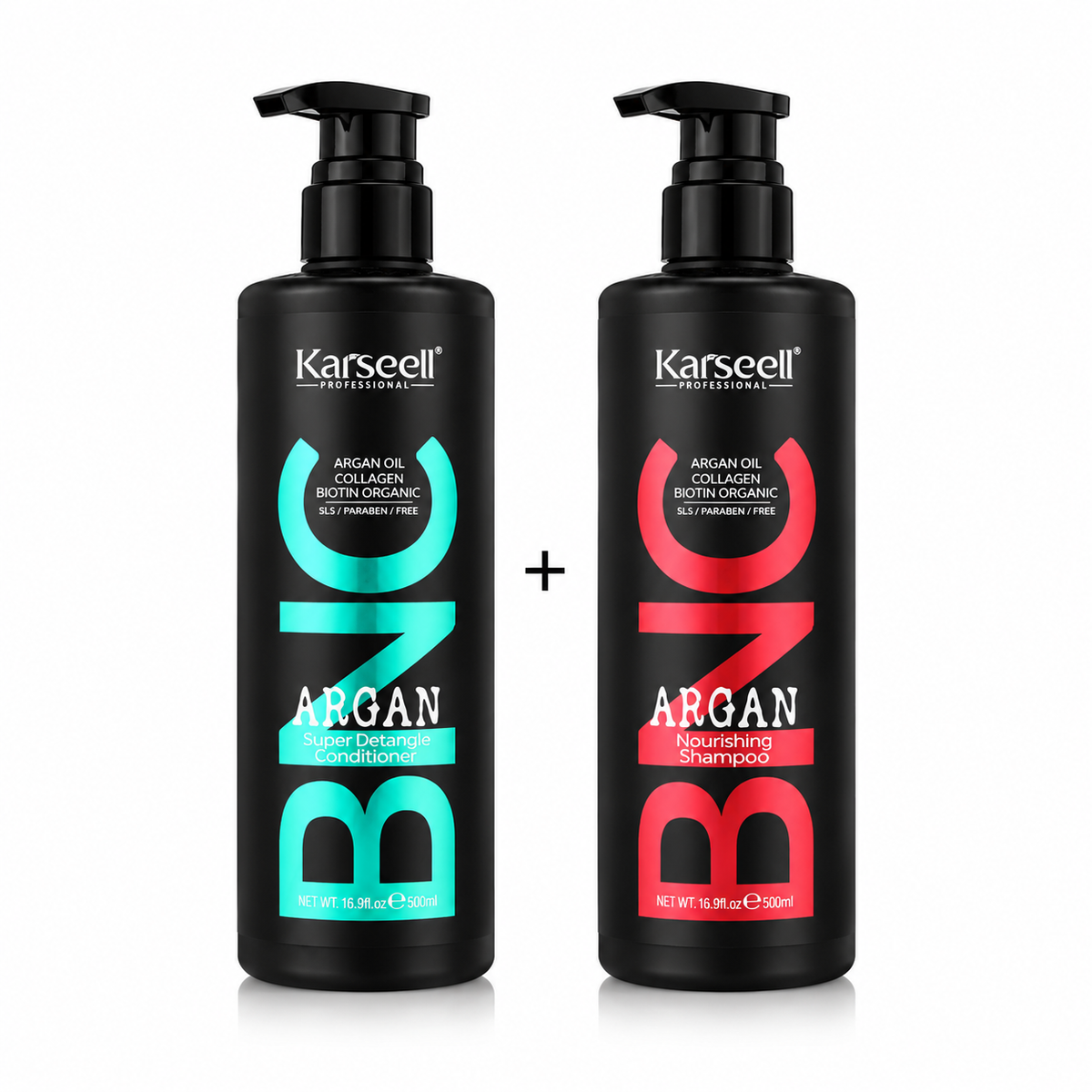 Karseell Argan Oil Nourishing Shampoo and Super Detangle Conditioner 500ml duo with collagen and biotin for smoother, manageable hair.