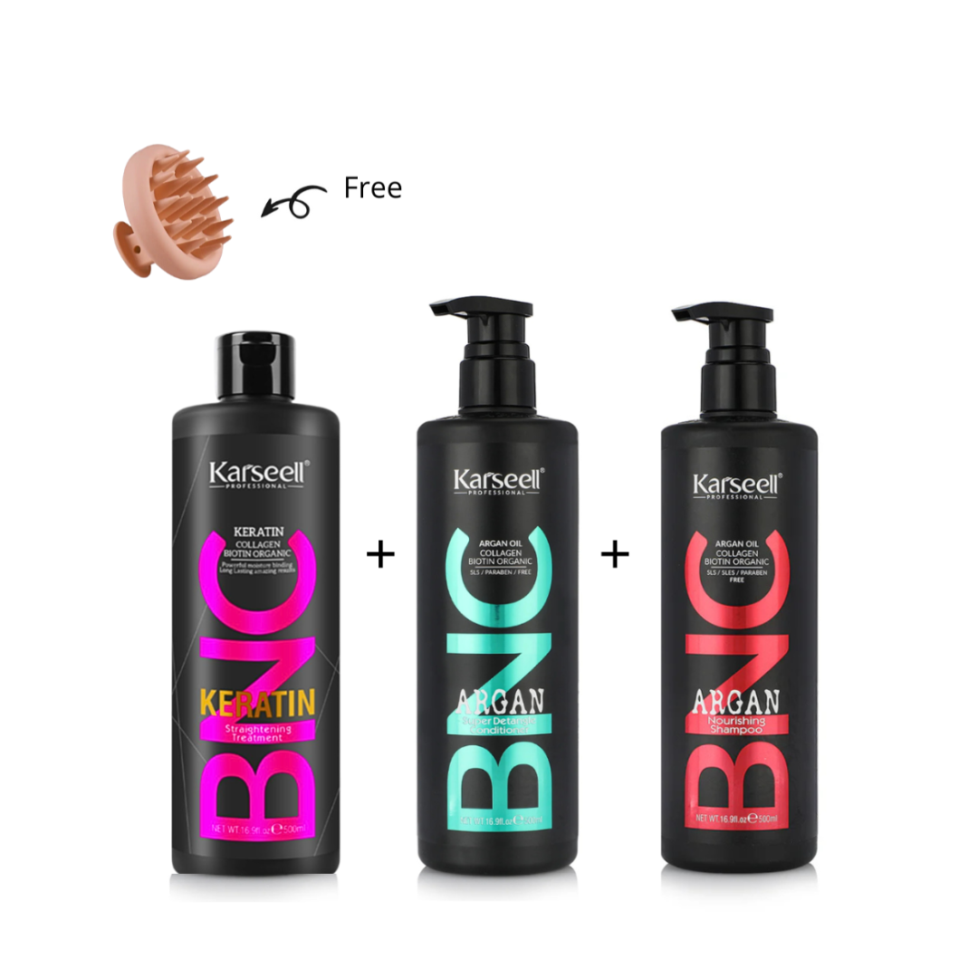 Karseell BNC Brazilian Keratin Straightening Treatment + Argan Shampoo + Conditioner + Free Scalp Massager