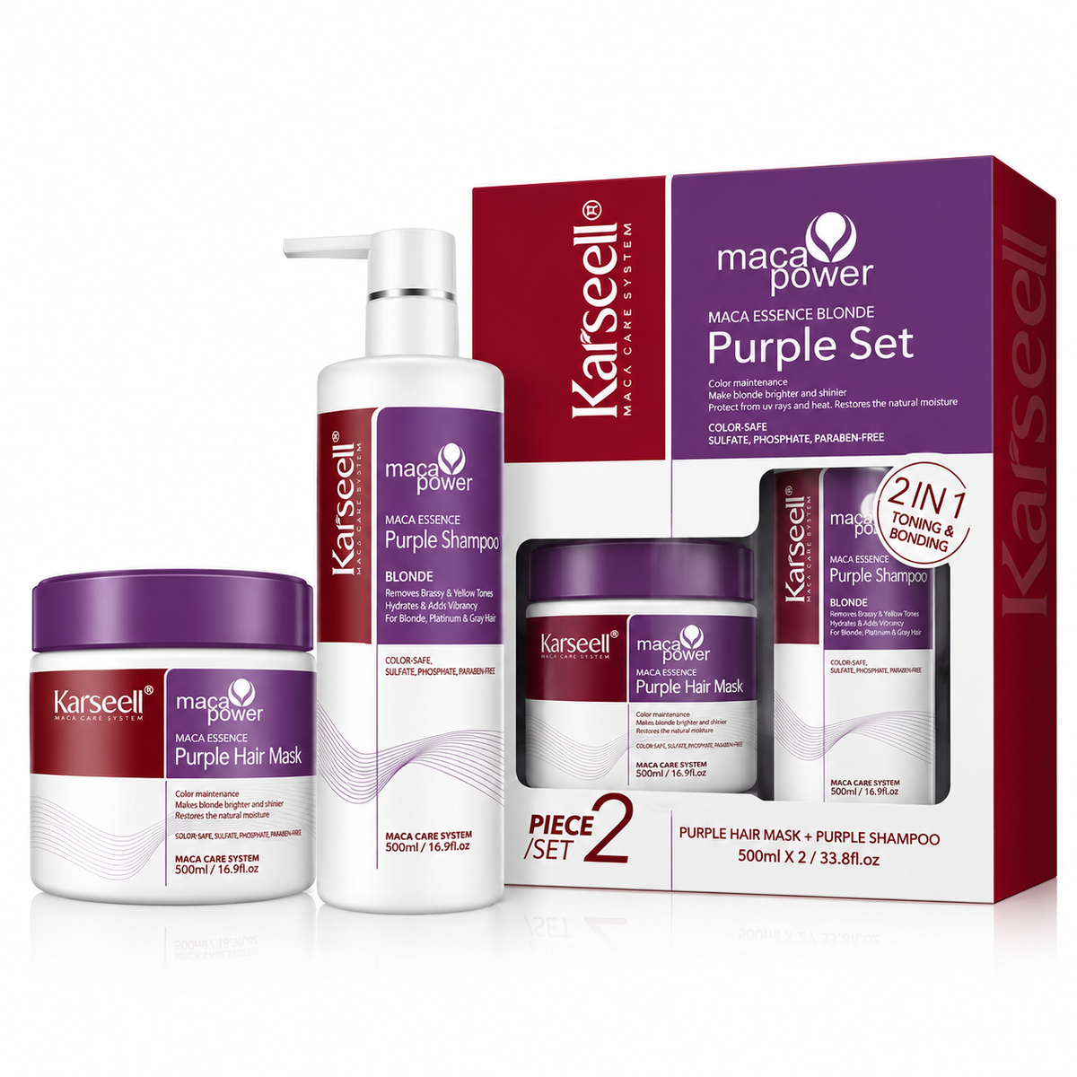 Karseell Maca Power Purple Shampoo and Purple Hair Mask 500ml set for blonde, platinum and gray hair to help neutralize brassy yellow tones and maintain color.