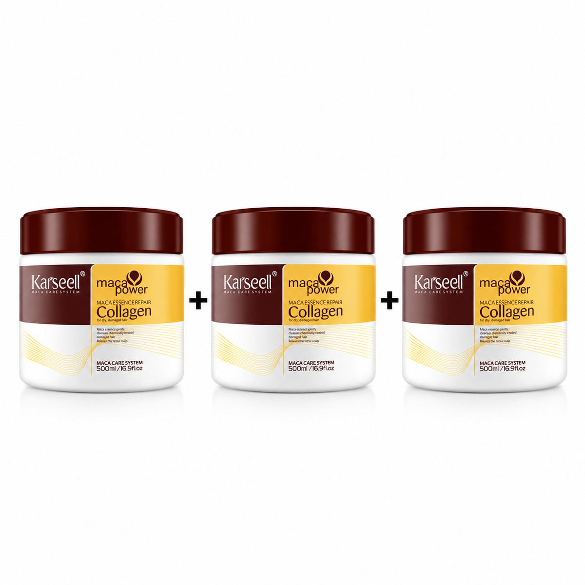 Karseell Maca Power Collagen deep repair hair mask 500ml three-pack for intensive hydration, conditioning and care of dry and damaged hair.