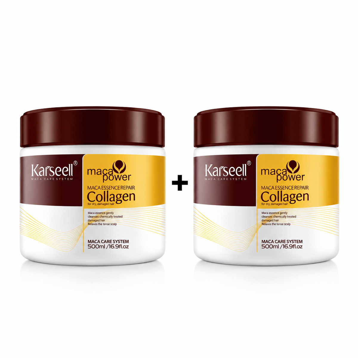 Karseell Maca Power Collagen hair mask 500ml twin pack for deep conditioning, hydration and repair of dry and damaged hair.