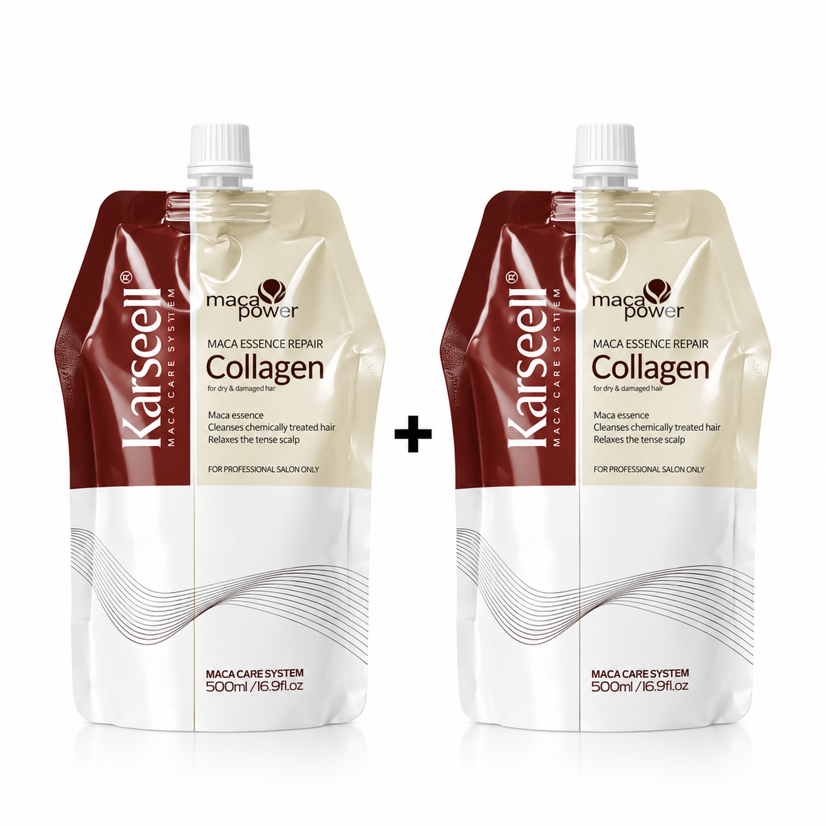 Karseell Maca Power Collagen hair mask refill duo with two 500ml pouches for deep conditioning, hydration and repair of dry and damaged hair.
