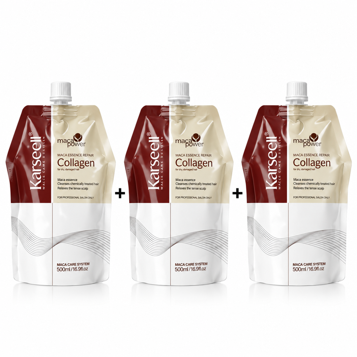 Karseell Maca Power Collagen hair mask refill pouches 500ml three-pack for deep hydration, conditioning and repair of dry and damaged hair.