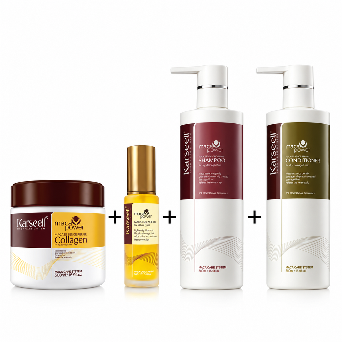 Karseell Maca Power 4-piece hair care set with collagen repair mask, essence oil, shampoo and conditioner for dry and damaged hair.