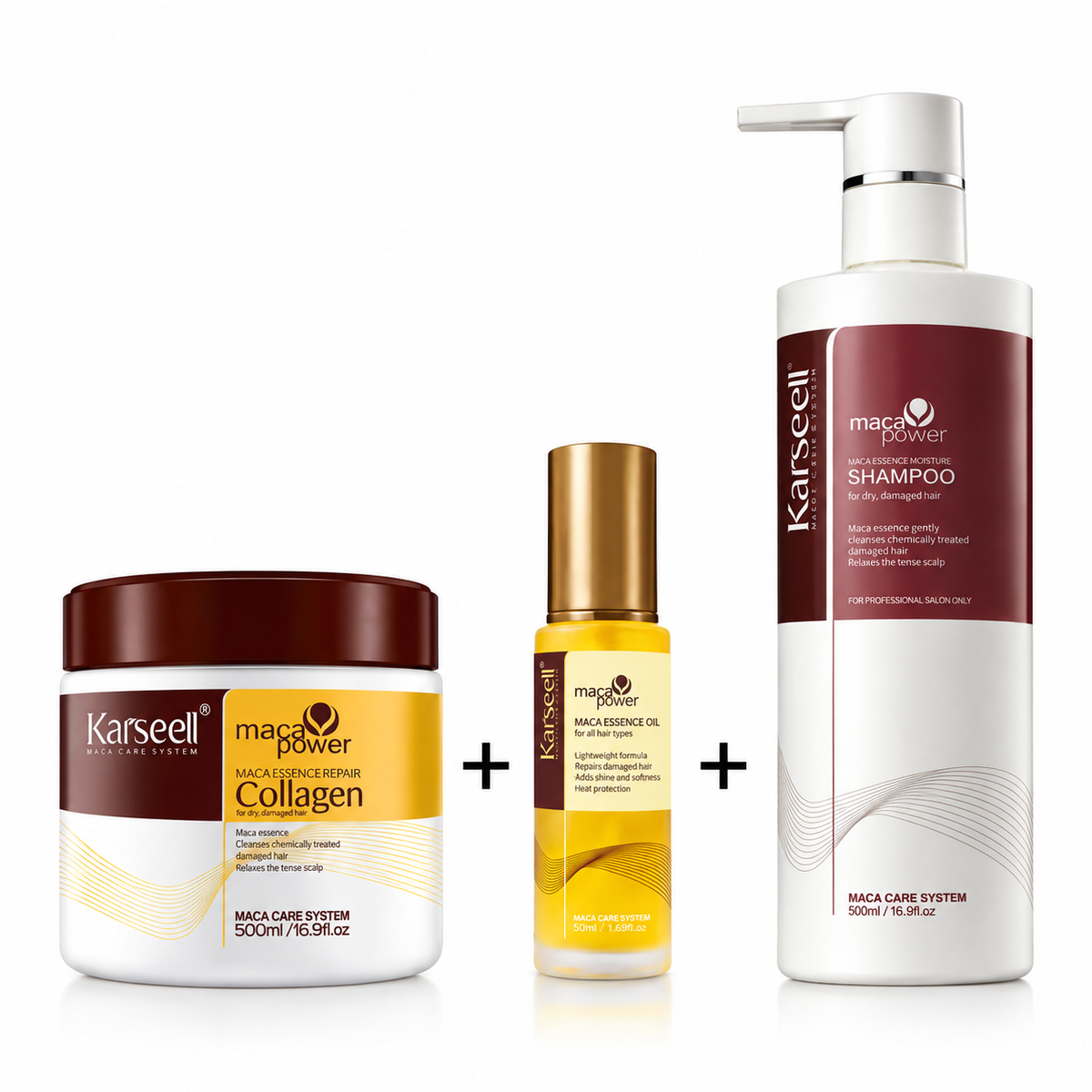 Karseell Maca Power hair care trio with 500ml moisture shampoo, 500ml collagen repair mask and 50ml essence oil for dry and damaged hair.