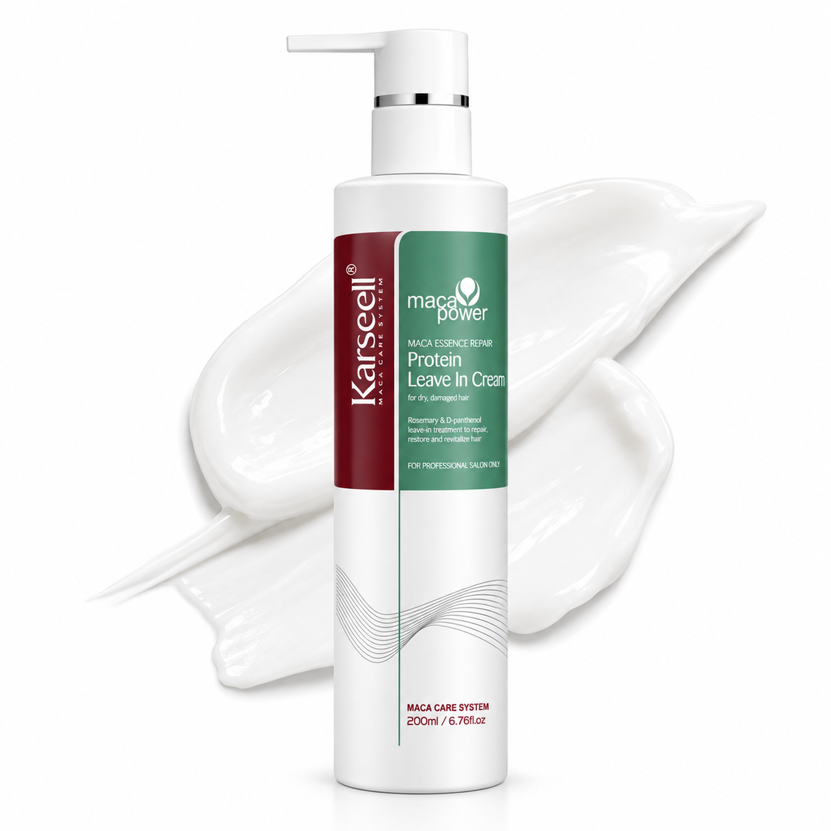 Karseell Maca Power Protein Leave-In Cream 200ml with rosemary and D-panthenol for conditioning, strengthening and repairing dry, damaged hair.