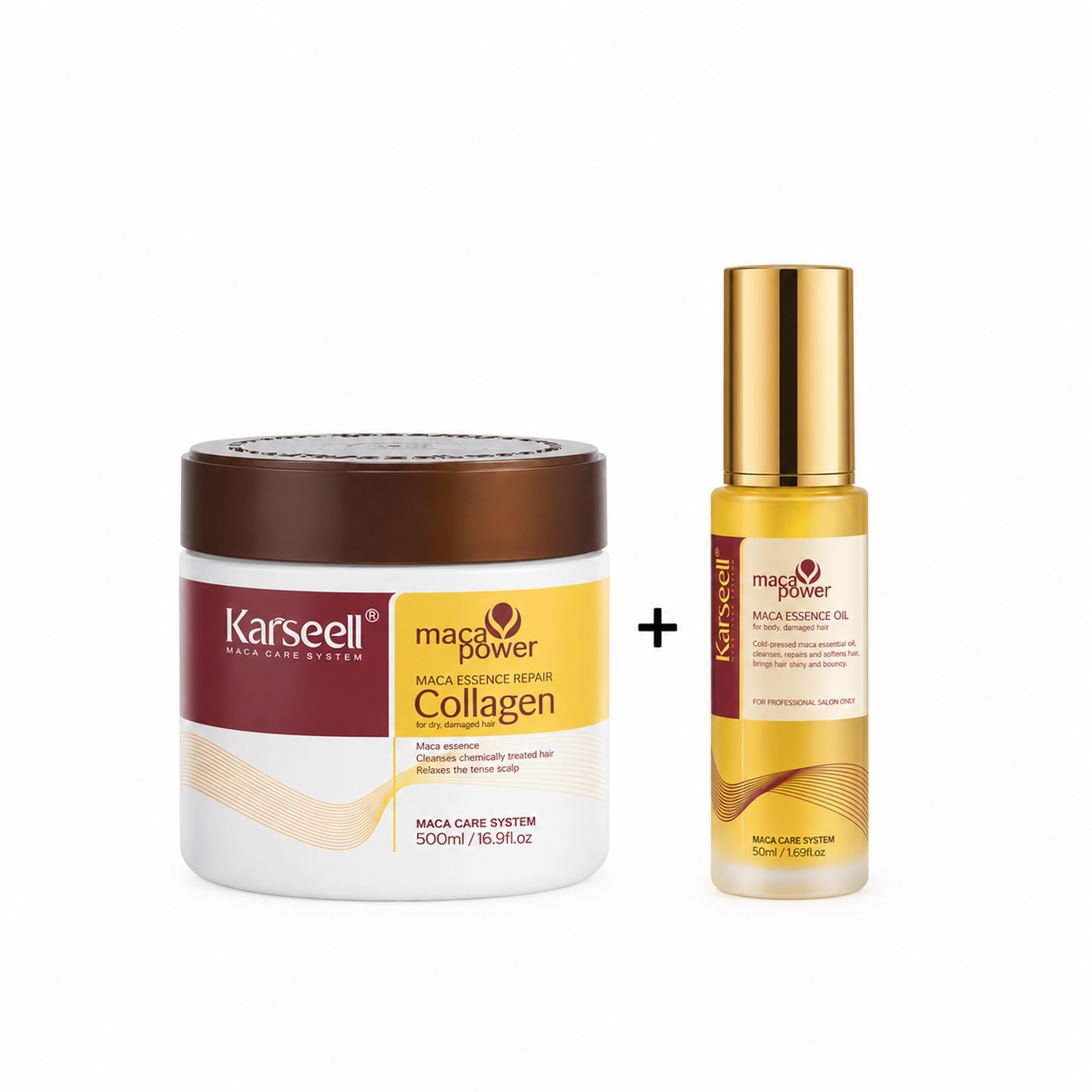 Karseell Maca Power Collagen hair mask jar and Maca Essence Oil bottle displayed side by side on a white background with a plus sign between them.